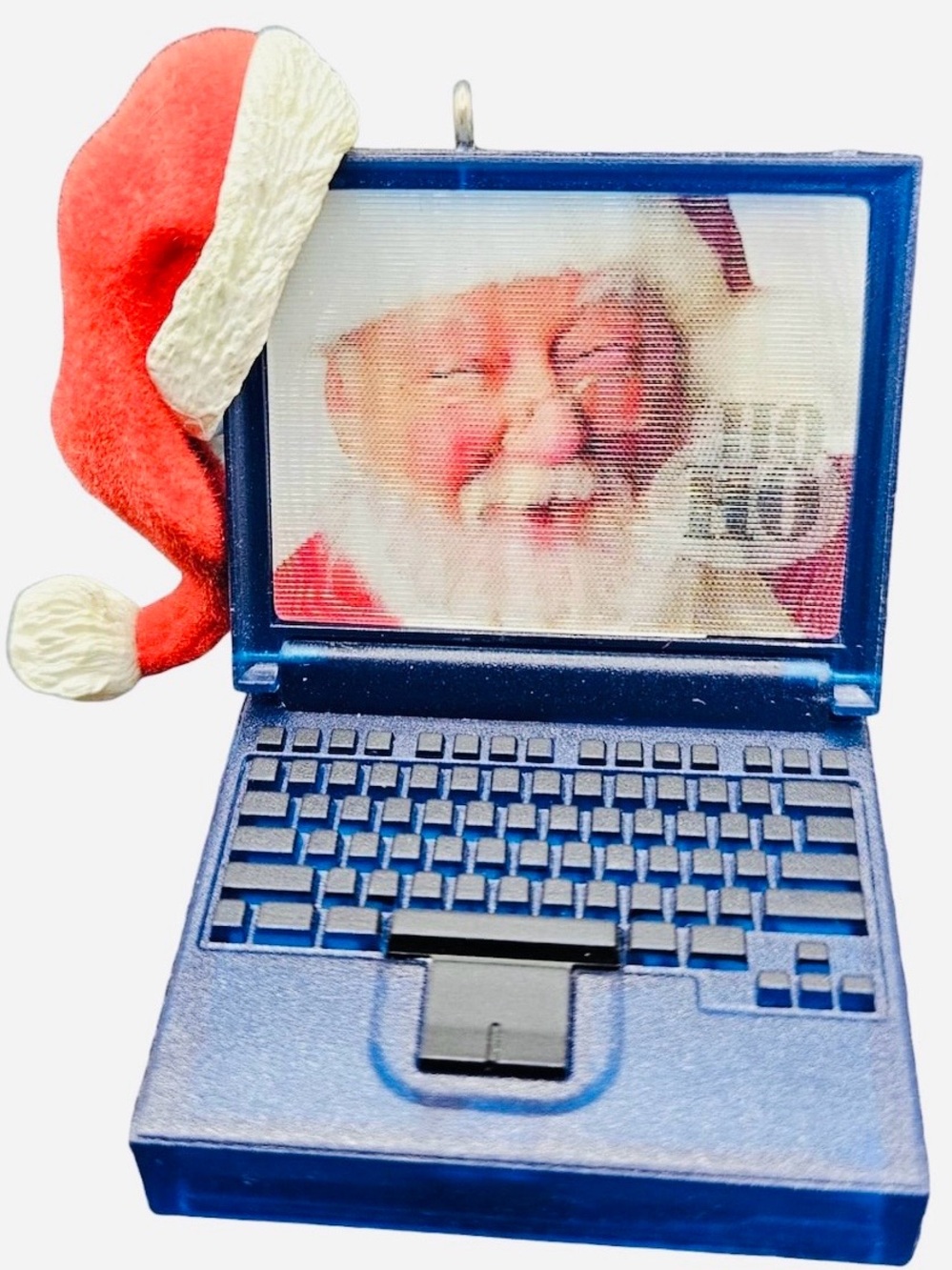 2001 Blue Laptop Ornament with Red Santa Hat - Decorative Electronics Accent